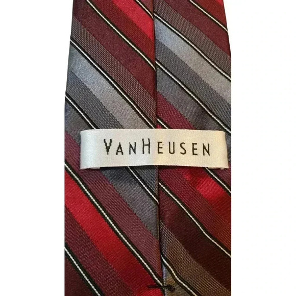 Van Heusen 100% Silk Neck Tie Reds/Grays Striped Woven Necktie - Picture 7 of 10